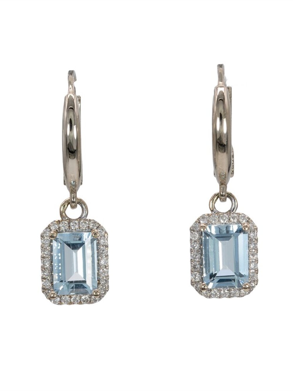 Emerald-Cut Aquamarine & Natural Diamond Halo Earrings in 14K White Gold